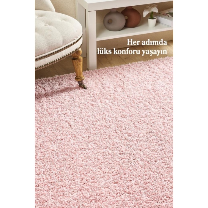 Yüksek Tüylü 30 mm Hav Yüksekliğinde Düz Pembe Renkli Shaggy Halı