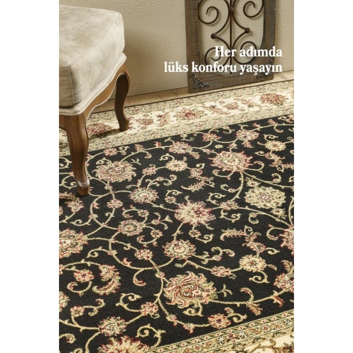 İran Tarzı Klasik Desenli Barok süslemeli Siyah Gold Bej Renkli Halı