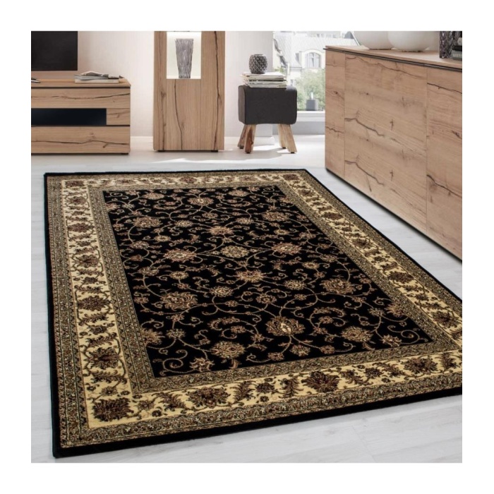 İran Tarzı Klasik Desenli Barok süslemeli Siyah Gold Bej Renkli Halı