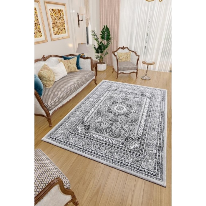 Klasik desenli Halı Iran tarzı Madalyon süsleme Siyah Gri Beyaz Renkler