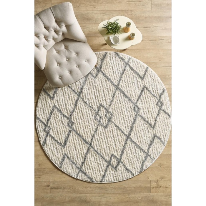 Yuvarlak Halı Yumuşak Bukle Tabanlı Modern Kabartmalı Izgara Desenli Krem Gri Renkli Halı