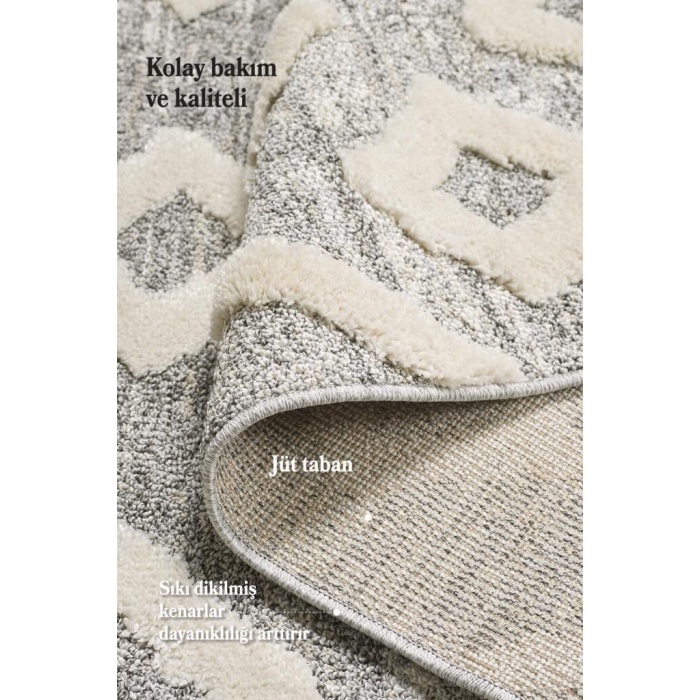 Yuvarlak Halı Yumuşak Bukle Tabanlı Modern Kabartmalı 3D INKA Motif Desenli Krem Gri Renkli Halı