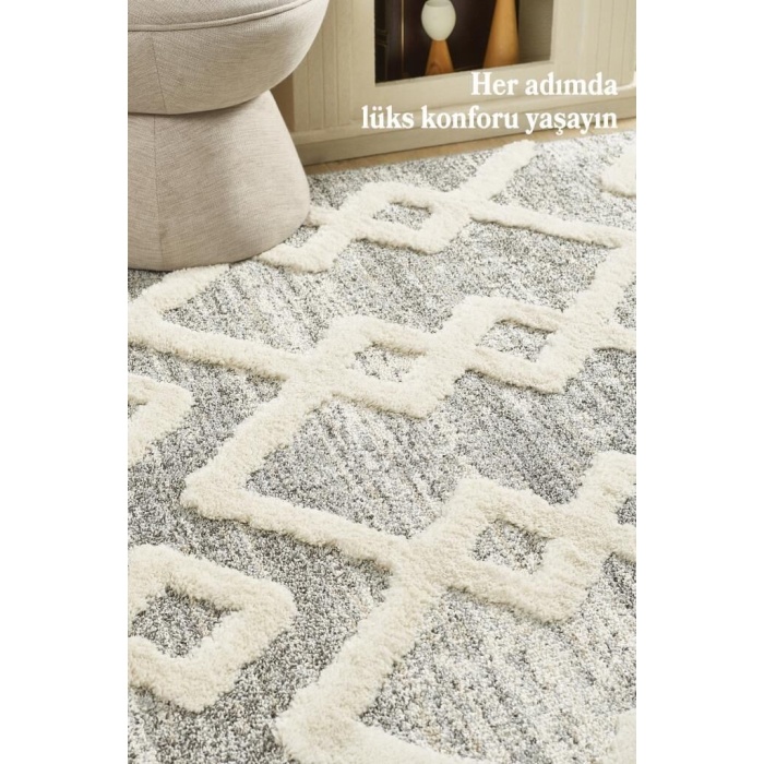 Yumuşak Bukle Tabanlı Modern kabartmalı 3D INKA Motif Desenli Gri Renkli Halı