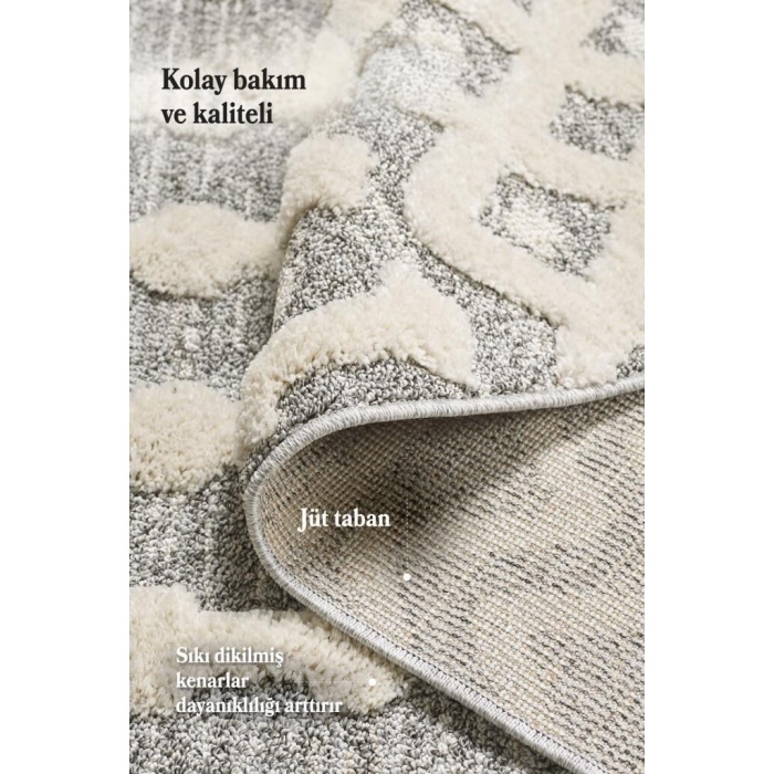 Yuvarlak Halı Yumuşak Bukle Tabanlı Modern Kabartmalı 3D INKA Örgü Desenli Krem Gri Renkli Halı