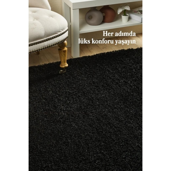 Yuvarlak Halı Yumuşak Yüksek Havlı 30 mm Shaggy Salon halısı Düz Siyah Renkli