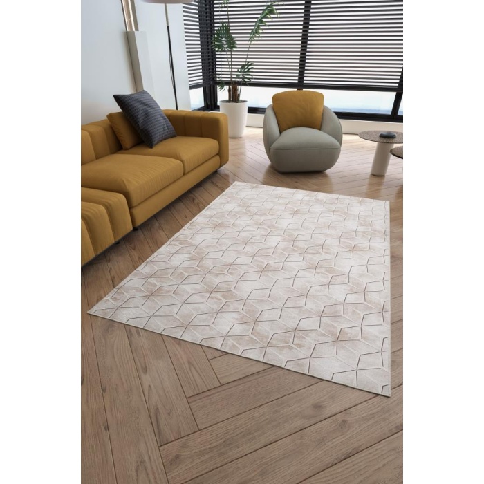 Karo Küp desenli Kahverengi Renkli Kaymaz Taban yıkanabilir Halı