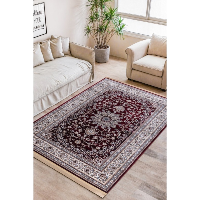Geleneksel İran Desenli Burgonya Zeminli Kırmızı Tonlarda Halı