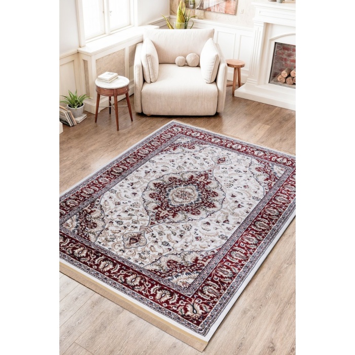 İncelikle Dokunmuş: Geleneksel İran Motifli El Dokuma Halı Krem Tonlarında Halı