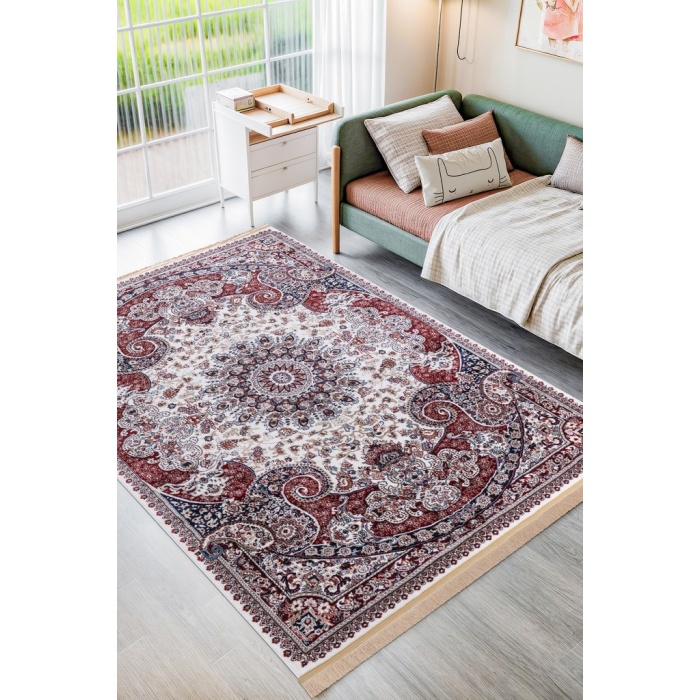 Burgonya ve Lacivertin Dansı İran Tarzı Krem Tonlarında Halı