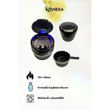 Araç İçi Mavi Işıklı Porselen Küllük Bardaklıklı Gümüş Renk Havalandırma Tip Kapaklı