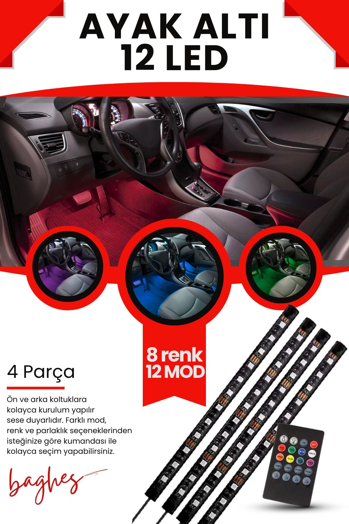 Araç Içi Ayak Altı Led Müziğe Ve Sese Duyarlı Rgb Renkli Kumandalı Led 12 Led