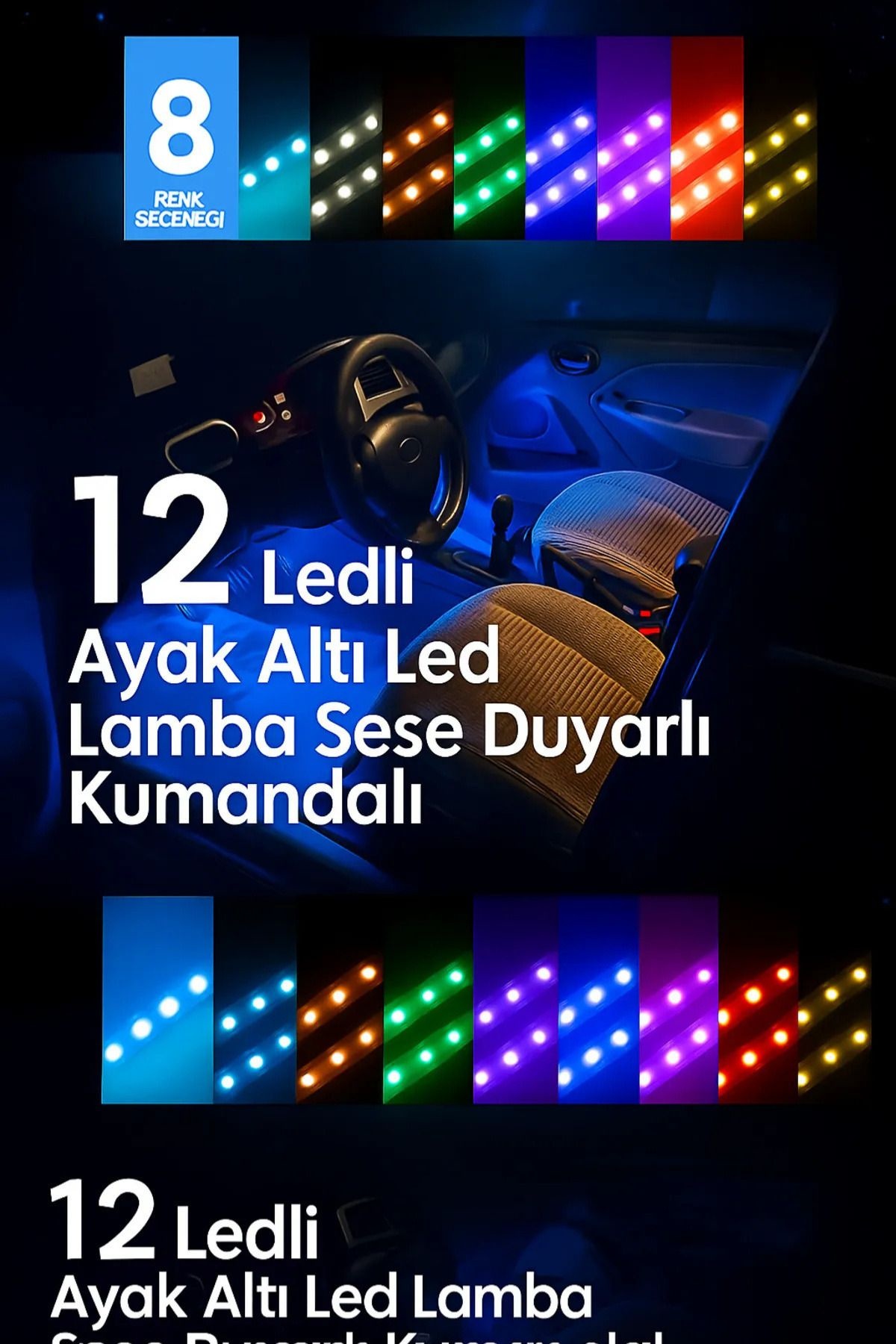 Araç Içi Ayak Altı Led Müziğe Ve Sese Duyarlı Rgb Renkli Kumandalı Led 12 Led