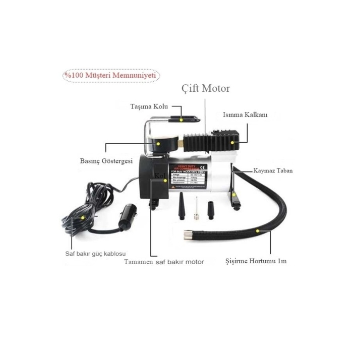 Metal Araç Oto Lastik Şişirme Pompası Hava Pompası Taşınabilir Profesyonel Çakmak Girişli Motor Top