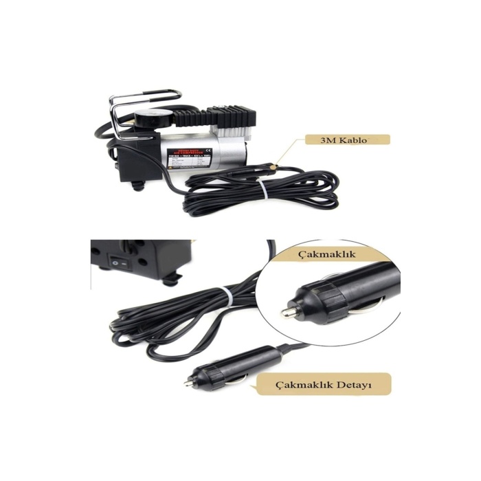 Metal Araç Oto Lastik Şişirme Pompası Hava Pompası Taşınabilir Profesyonel Çakmak Girişli Motor Top