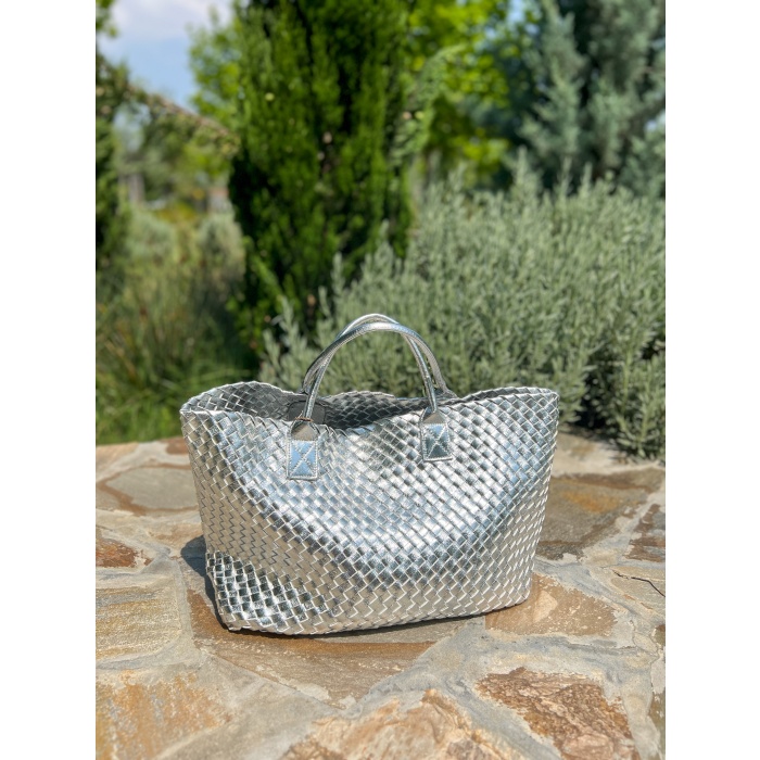 VEGA LUX TOTE DERİ AURA  İTHAL GÜMÜŞ  ÇANTA