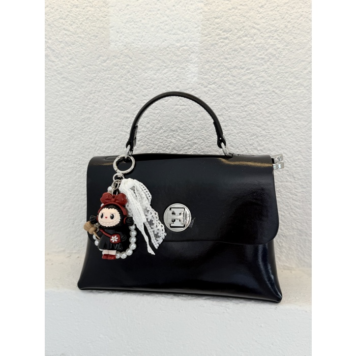 Lacey Charm Çift Askılı Siyah Kadın Deri Çanta