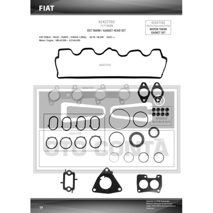 Üst Takım Contası Doblo 1.9 Dizel Keçeli Skc Siz Subap Lastikli 71715699