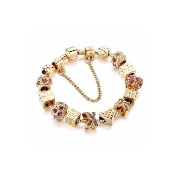 14k Altın Kaplama Avusturya Kristali Kalp Detaylı Charmlı Kadın Bileklik