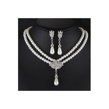 İnci Taşlı Pırlanta İşlemeli Kolye Küpe Takı Seti Gelin Nişan Kına Düğün Hediyelik