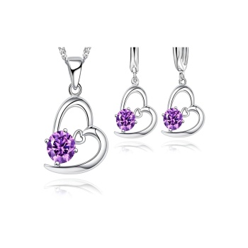 925 Damgalı Kalp İçinde Kalp Taşlı Gümüş Kaplama Kolye Küpe Set-Mor