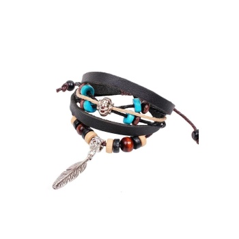 Deri Ip Kordon Ahşap Boncuk Tüy Bileklik Kadın Erkek Unisex