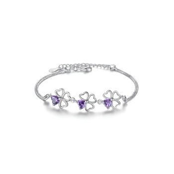 925 Ayar Gümüş Yonca Figürlü Kalpli Mor Taşlı Kadın Bileklik Sevgililer Günü Sevgiliye Hediyelik