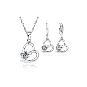 925 Ayar Kalp Içinde Kalp Taşlı Gümüş Kolye Küpe Set-beyaz