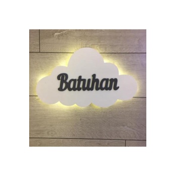 Çocuk Odası Isimli Dekoratif Ahşap Bulut Gece Lambası Ledli Aydınlatma