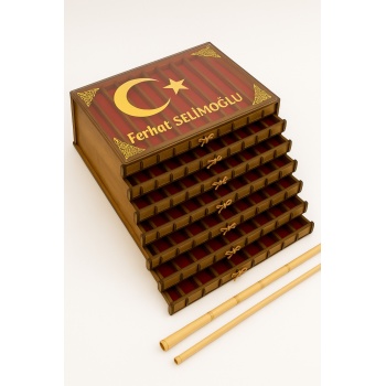 Kişiye Özel Ahşap Tespih Kutusu – Cam Kapaklı 7 Katlı 70li Tesbih Koleksiyon Kutusu