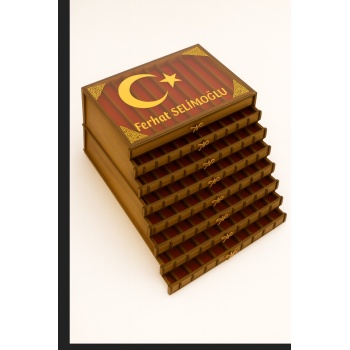 Kişiye Özel Ahşap Tespih Kutusu – Cam Kapaklı 8 Katlı 80li Tesbih Koleksiyon Kutusu