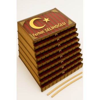 Kişiye Özel Ahşap Tespih Kutusu – Cam Kapaklı 9 Katlı 90lı Tesbih Koleksiyon Kutusu