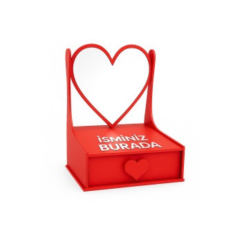 Kişiye Özel İsim Yazılı Ahşap Kırmızı Kalpli Ayna ve Çekmeceli Organizer Kutusu