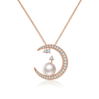 925 Ayar Gümüş Üzeri 14 Ayar Rose Altın Kaplama İnci ve Taşlı Ay Figürlü Kadın Kolye