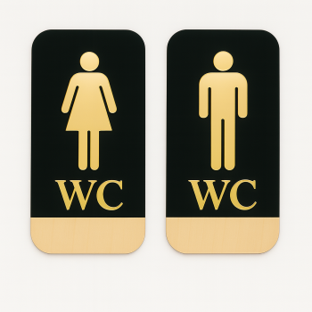 Ahşap Gold Pleksi WC Kapı Tabelası Seti – Bay Bayan Tuvalet İşareti – Akçaağaç ve Siyah Zemin