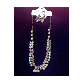 14K Altın Kaplama Nişan Kına Düğün İnci ve Zirkon Taşlı Kolye Küpe Kadın Takı Seti Hediyelik