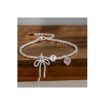 925 Ayar Gümüş Kadın Bileklik Fiyonk Figürlü İnci ve Kalp Taşlı Zarif Tasarım