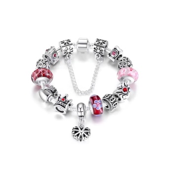 14K Beyaz Altın Kaplama Avusturya Kristali Kalp Detaylı Pembe Quenn Charmlı Kadın Bileklik-20Cm