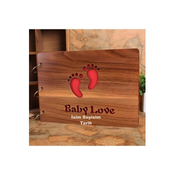 Kişiye Özel Isimli Ahşap Kapaklı Baby Love Temalı Kendin Yap Fotoğraf Albümü Hediyelik
