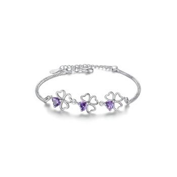 925 Ayar Gümüş Yonca Figürlü Kalpli Mor Taşlı Kadın Bileklik Sevgililer Günü Sevgiliye Hediyelik