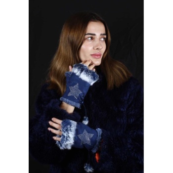 Parmaksız Tasarım Yıldız ve Parıltı Taşlı Kadın Eldiven Ayarlanır