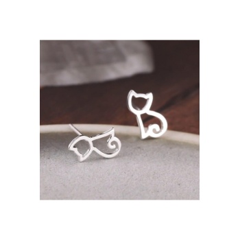 Gümüş Kaplama Simetri Kedi Kadın Saplama Küpe
