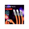 6A 120W 3 in 1 Usb to Type-C + Micro Usb + Lightning Hızlı Şarj Kablosu Silikon Kablo 1 Metre