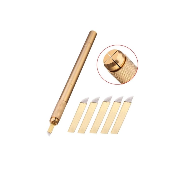 Microblading Kalemi Manuel Kalıcı Kaç Dudak Makyaj Gold Kalemi + 5 Adet 12 Pin Iğne