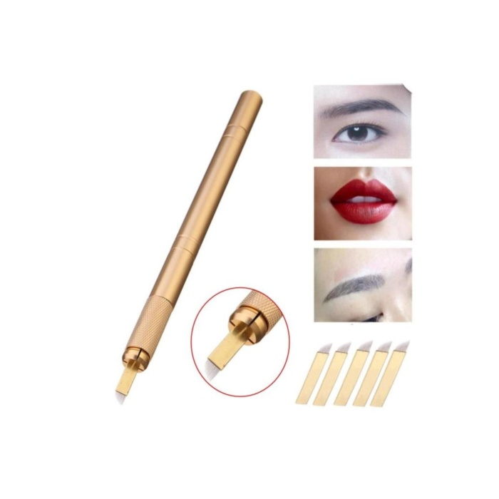 Microblading Kalemi Manuel Kalıcı Kaç Dudak Makyaj Gold Kalemi + 5 Adet 12 Pin Iğne