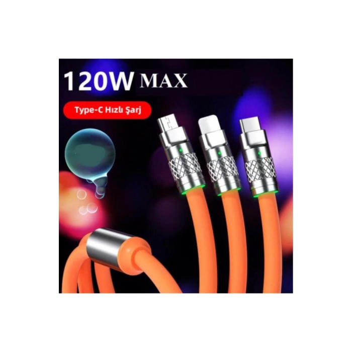 6A 120W 3 in 1 Usb to Type-C + Micro Usb + Lightning Hızlı Şarj Kablosu Silikon Kablo 1 Metre