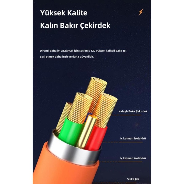 6A 120W 3 in 1 Usb to Type-C + Micro Usb + Lightning Hızlı Şarj Kablosu Silikon Kablo 1 Metre