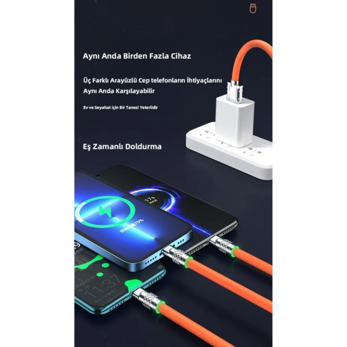 6A 120W 3 in 1 Usb to Type-C + Micro Usb + Lightning Hızlı Şarj Kablosu Silikon Kablo 1 Metre