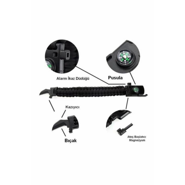 Paracord Survival Ateş Başlatıcı Magnezyum Çubuğu Bıçak Pusula Ikaz Düdüklü Bileklik