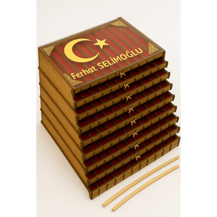 Kişiye Özel Ahşap Tespih Kutusu – Cam Kapaklı 9 Katlı 90lı Tesbih Koleksiyon Kutusu
