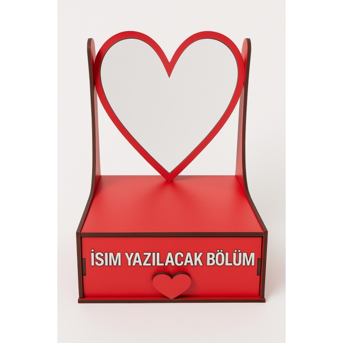 Kişiye Özel İsim Yazılı Ahşap Kırmızı Kalpli Ayna ve Çekmeceli Organizer Kutusu